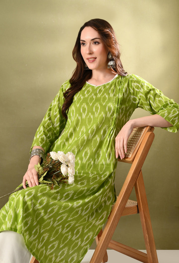 Green Ikkat Print Cotton Kurta
