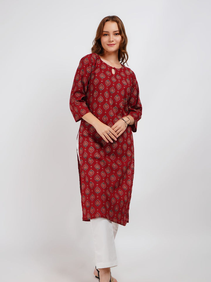 Maroon Printed Cotton Kurta