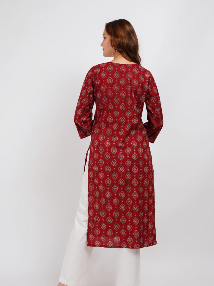 Maroon Printed Cotton Kurta