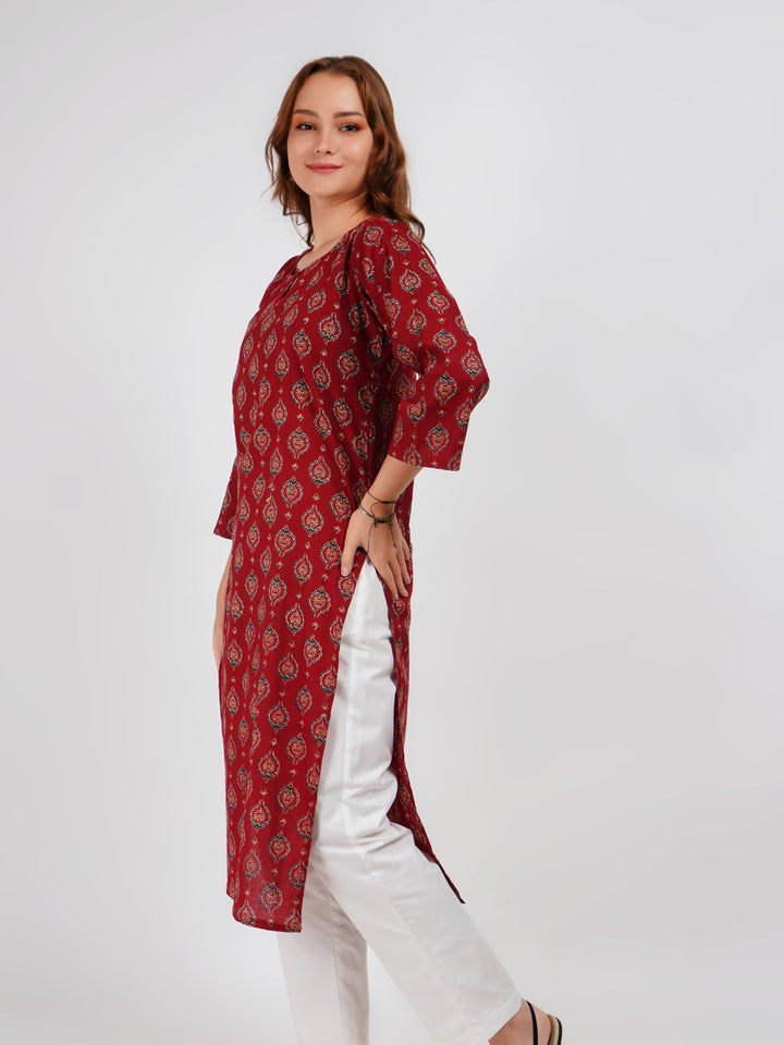 Maroon Printed Cotton Kurta