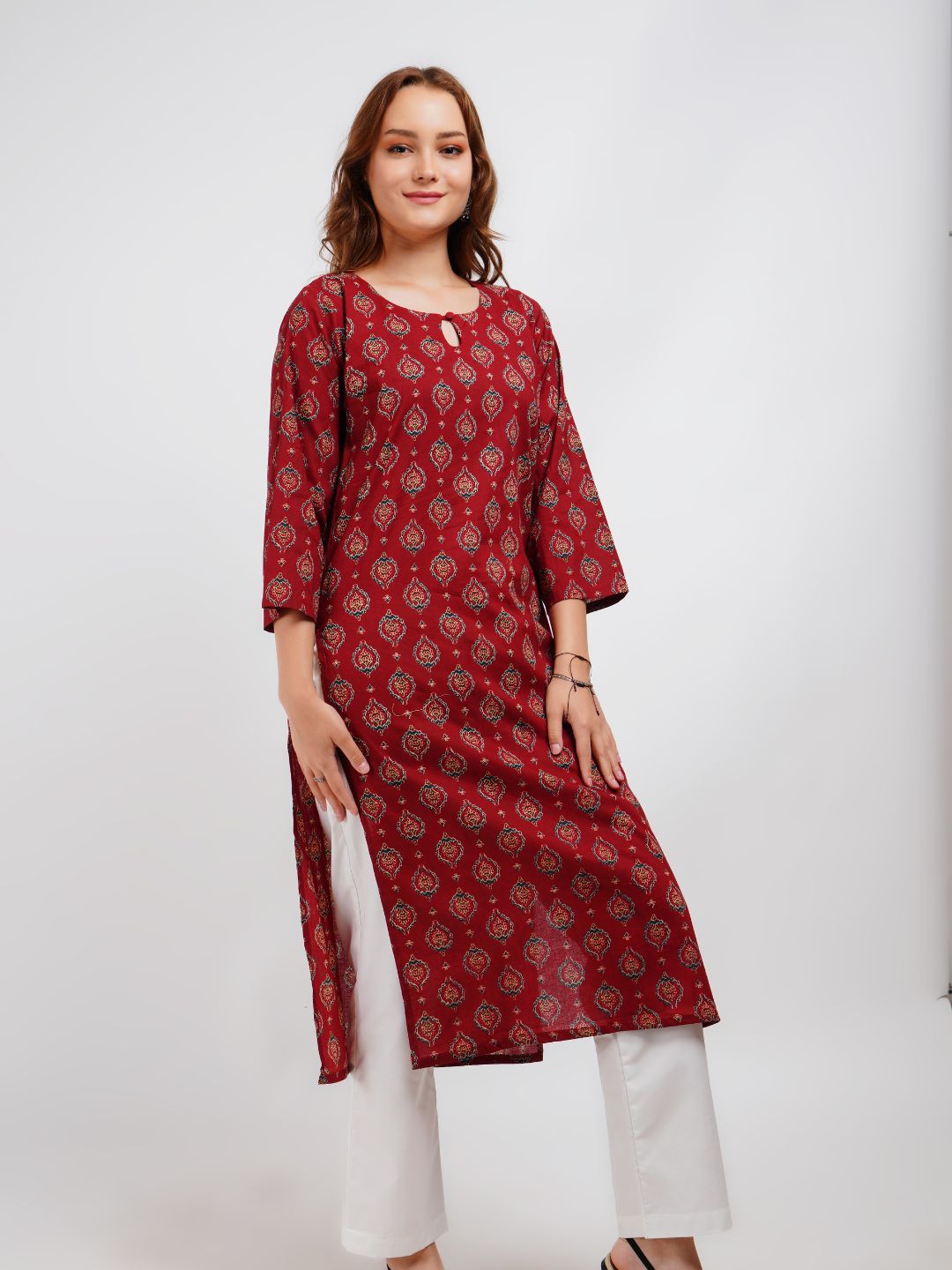 Maroon Printed Cotton Kurta