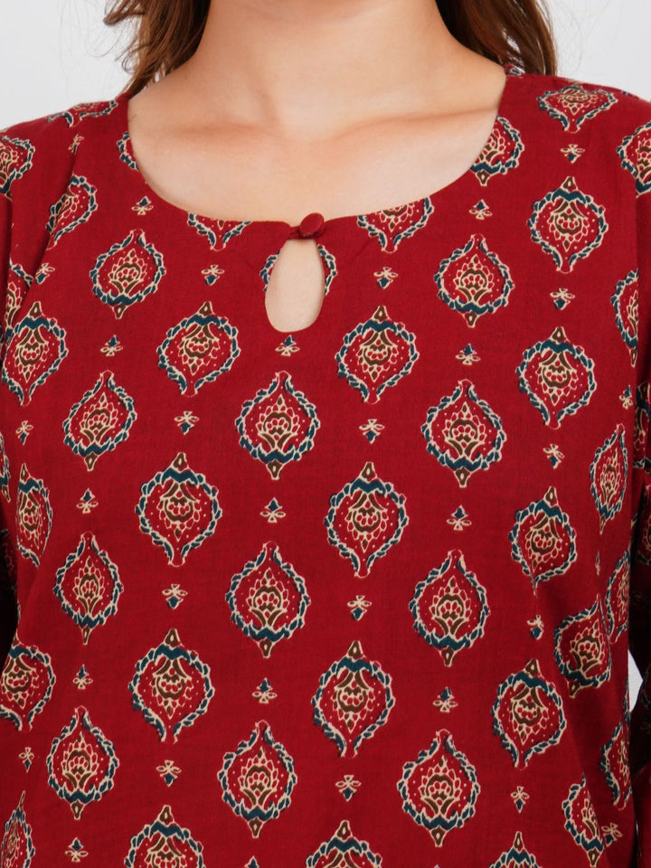 Maroon Printed Cotton Kurta