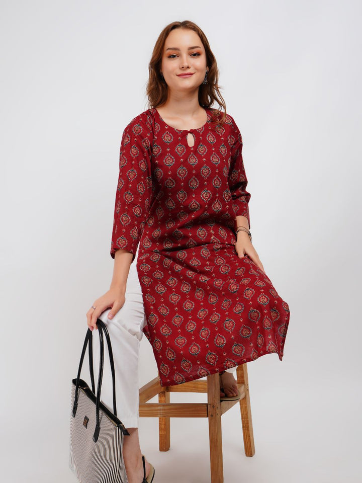 Maroon Printed Cotton Kurta