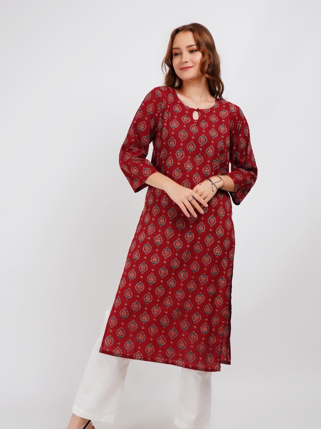 Maroon Printed Cotton Kurta