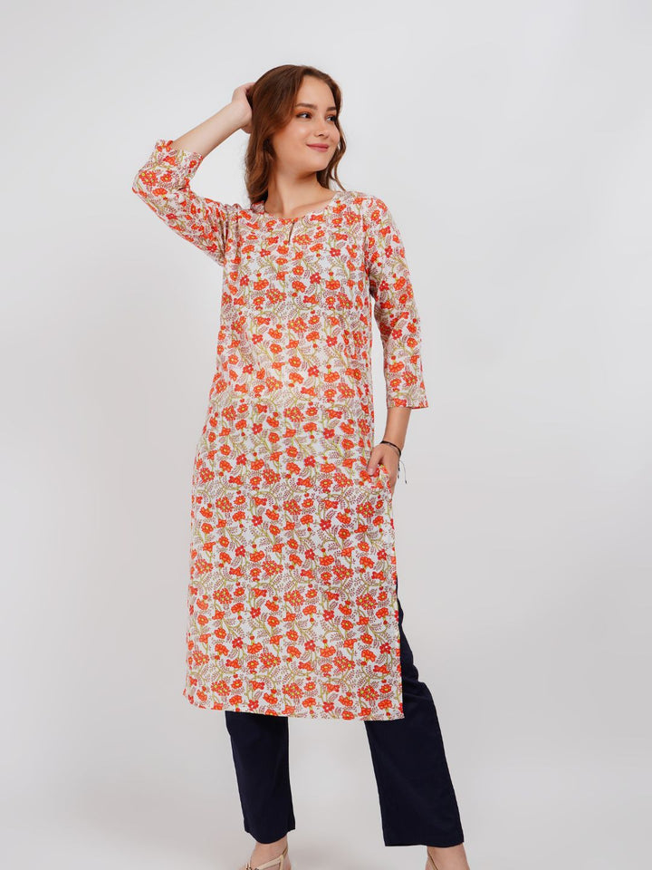 Orange Floral Print Kurta