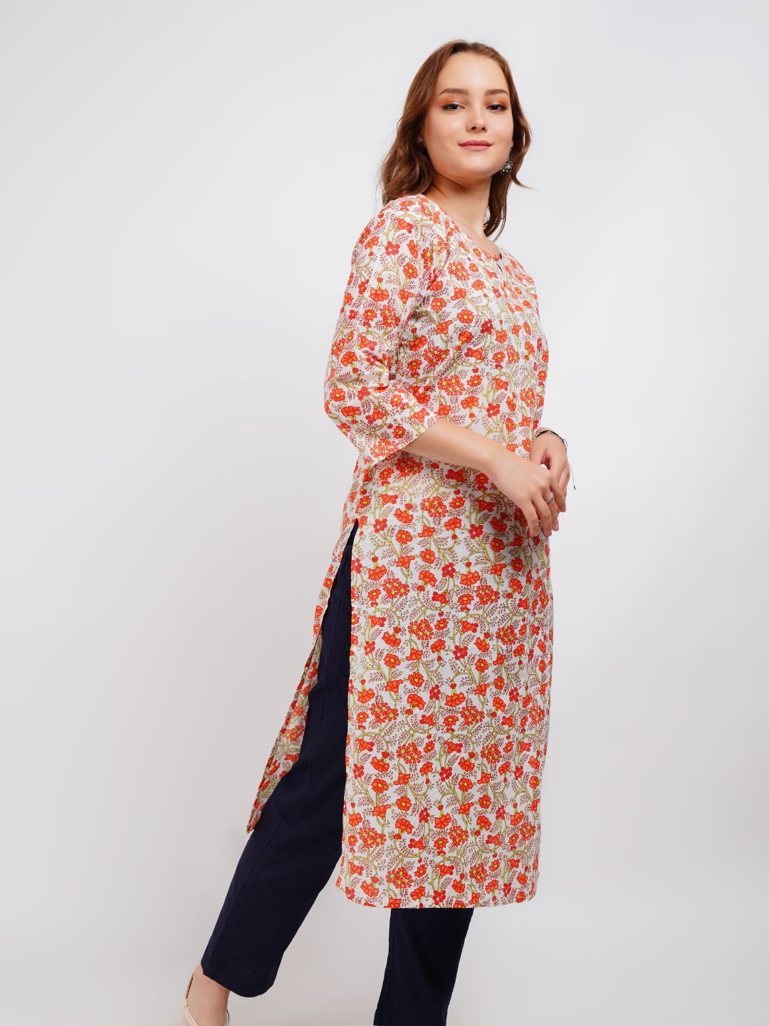 Orange Floral Print Kurta