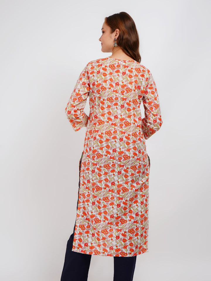 Orange Floral Print Kurta