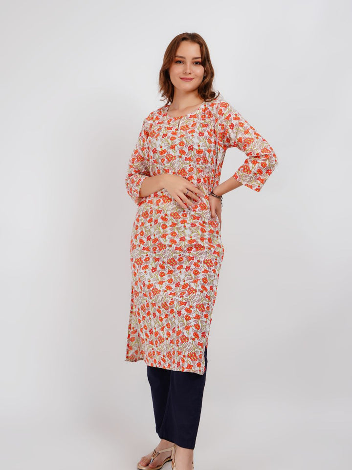 Orange Floral Print Kurta