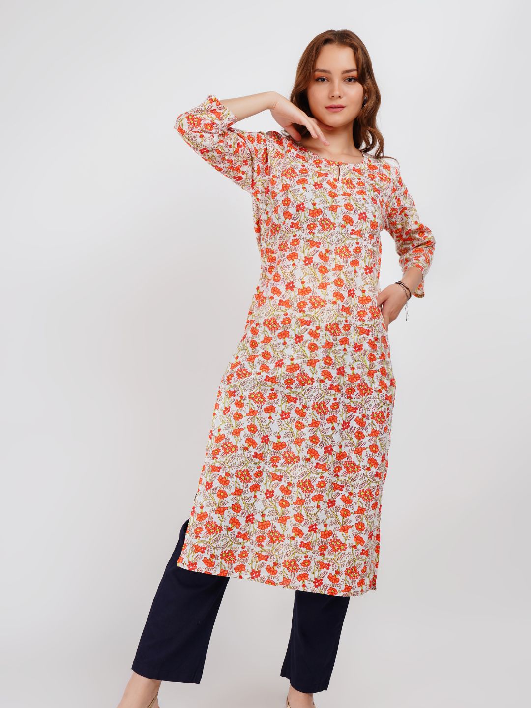 Orange Floral Print Kurta