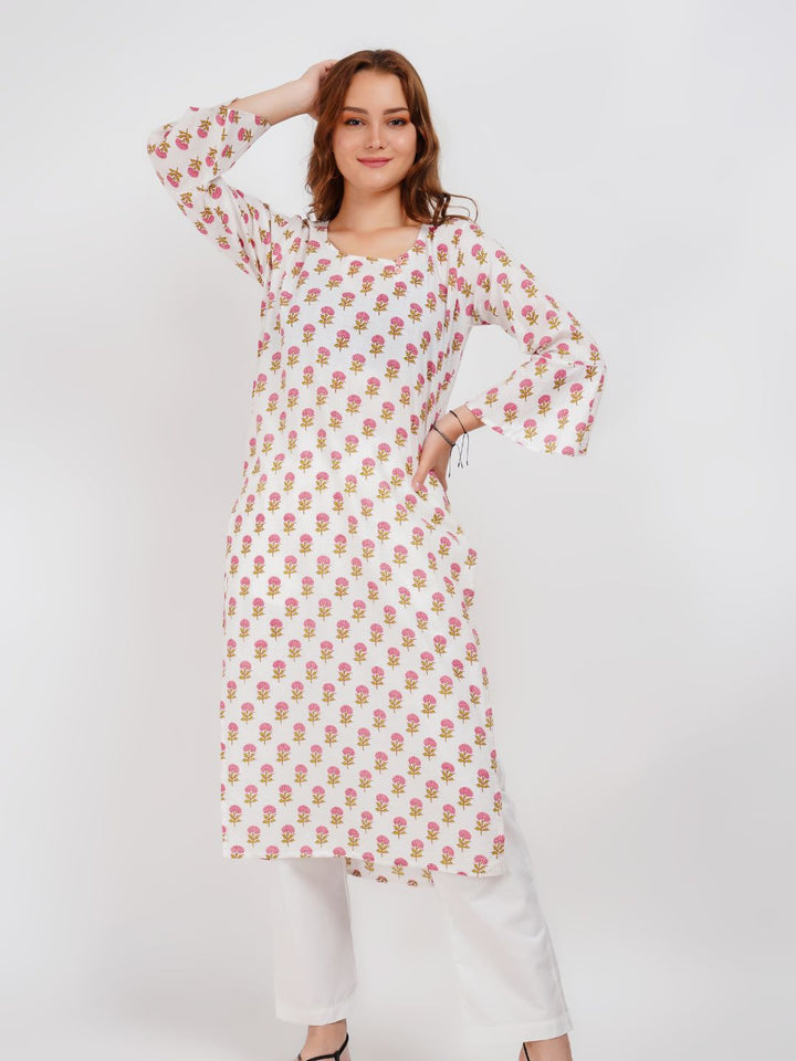 White Printed Cotton Kurta