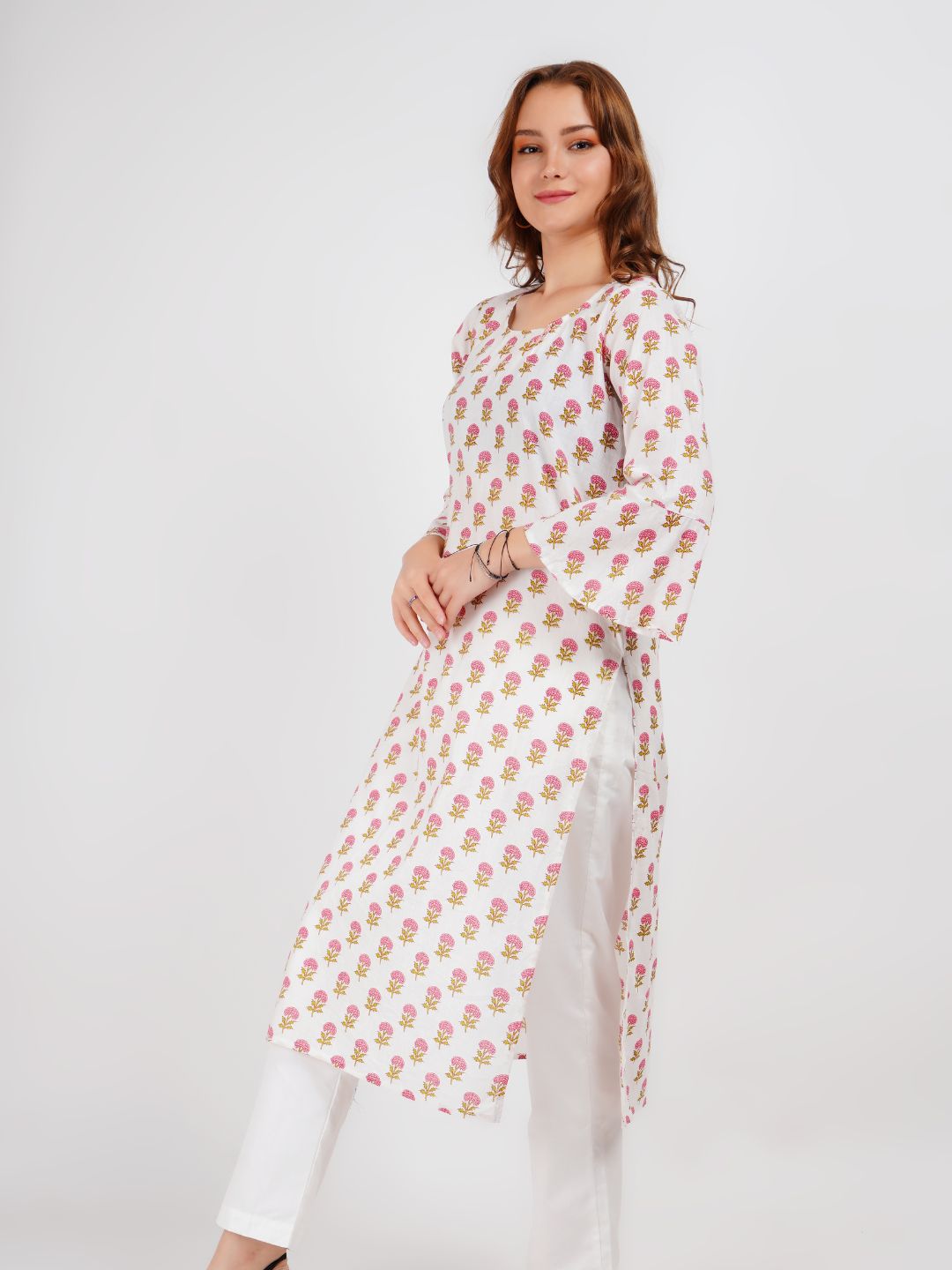 White Printed Cotton Kurta