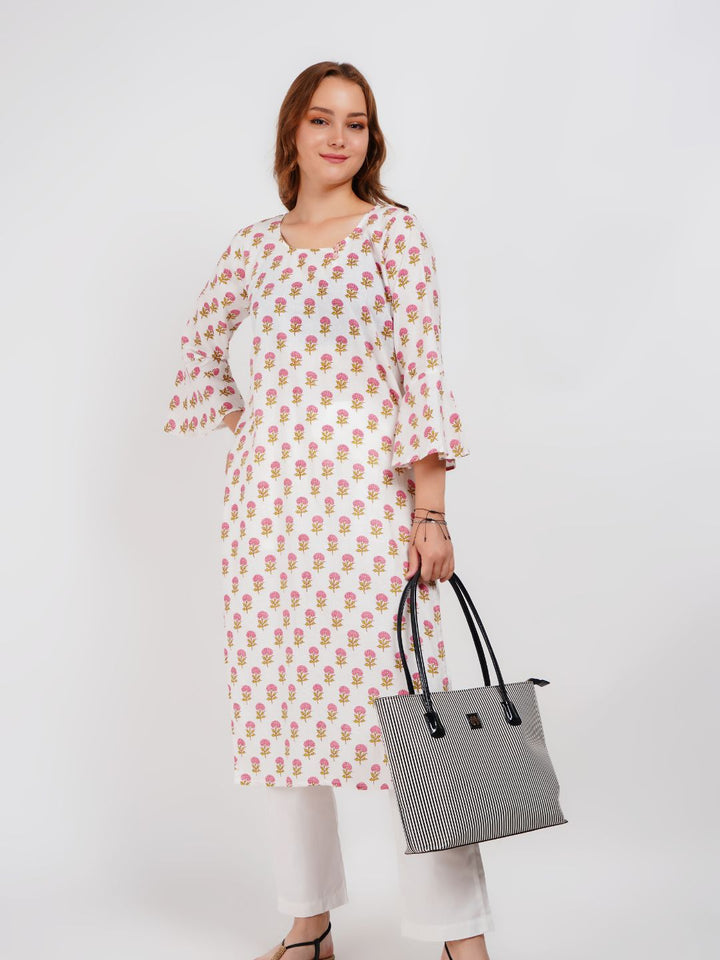 White Printed Cotton Kurta