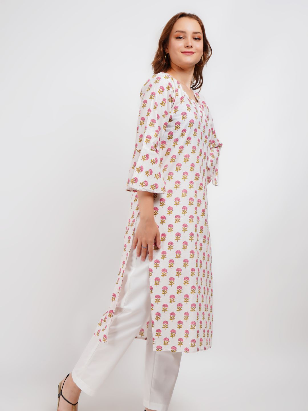 White Printed Cotton Kurta