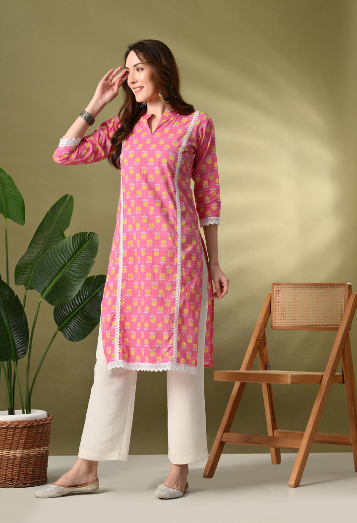 Pink Floral Print Cotton Straight Kurta