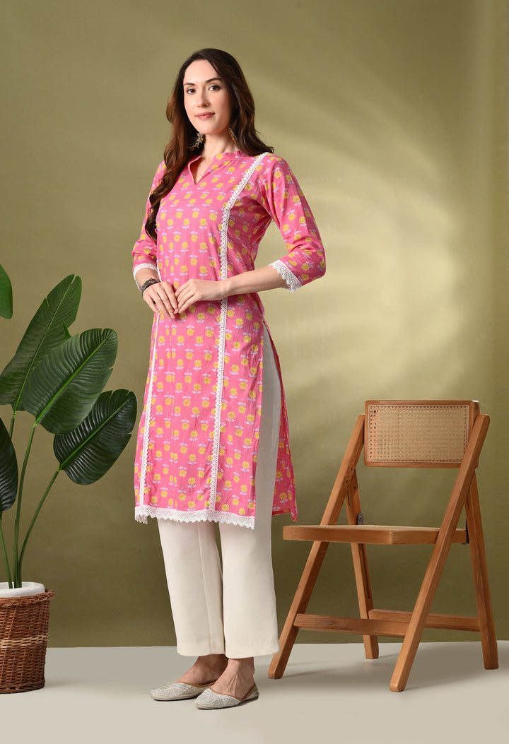 Pink Floral Print Cotton Straight Kurta