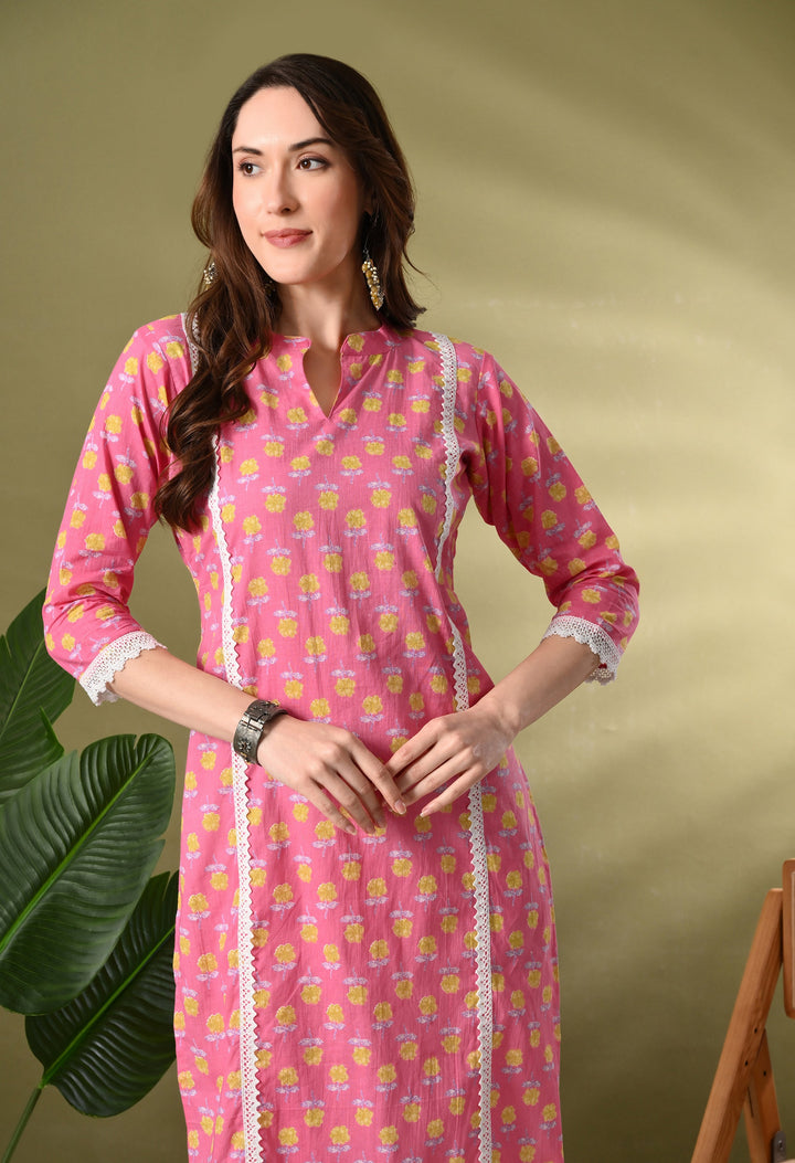Pink Floral Print Cotton Straight Kurta