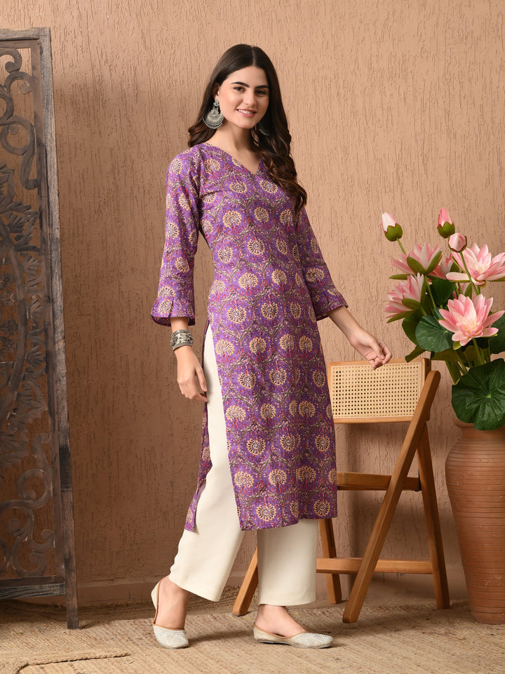 Purple Printed V-Neck Cotton Kurta