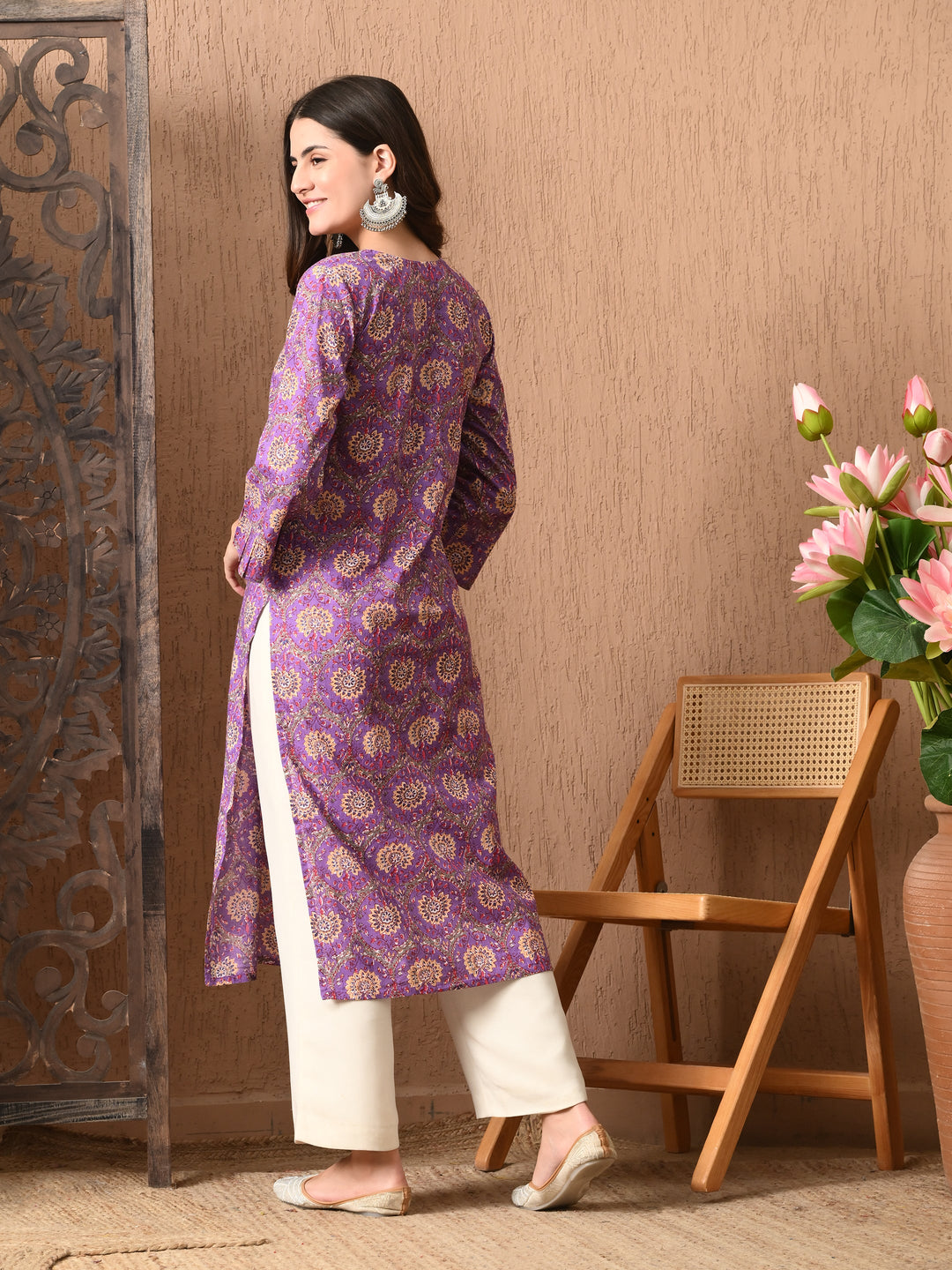 Purple Printed V-Neck Cotton Kurta