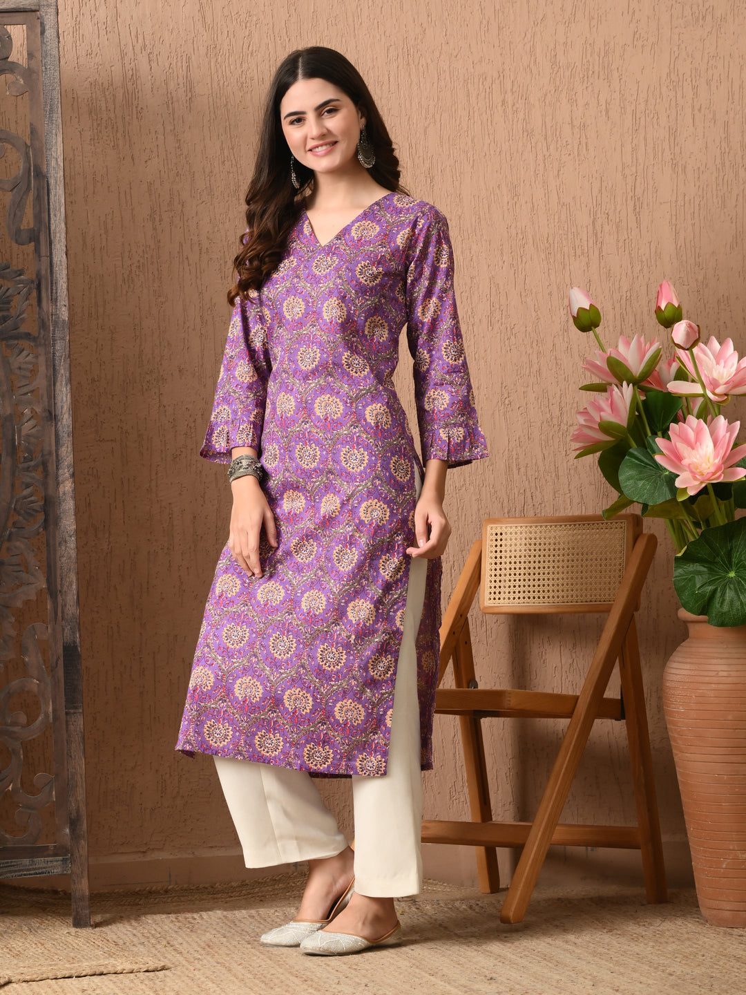 Purple Printed V-Neck Cotton Kurta