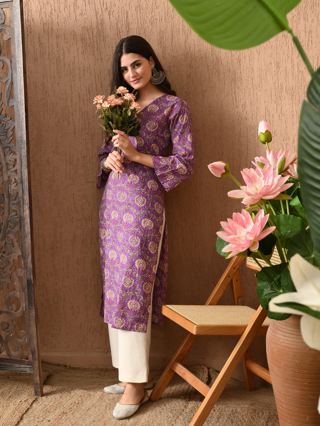 Purple Printed V-Neck Cotton Kurta