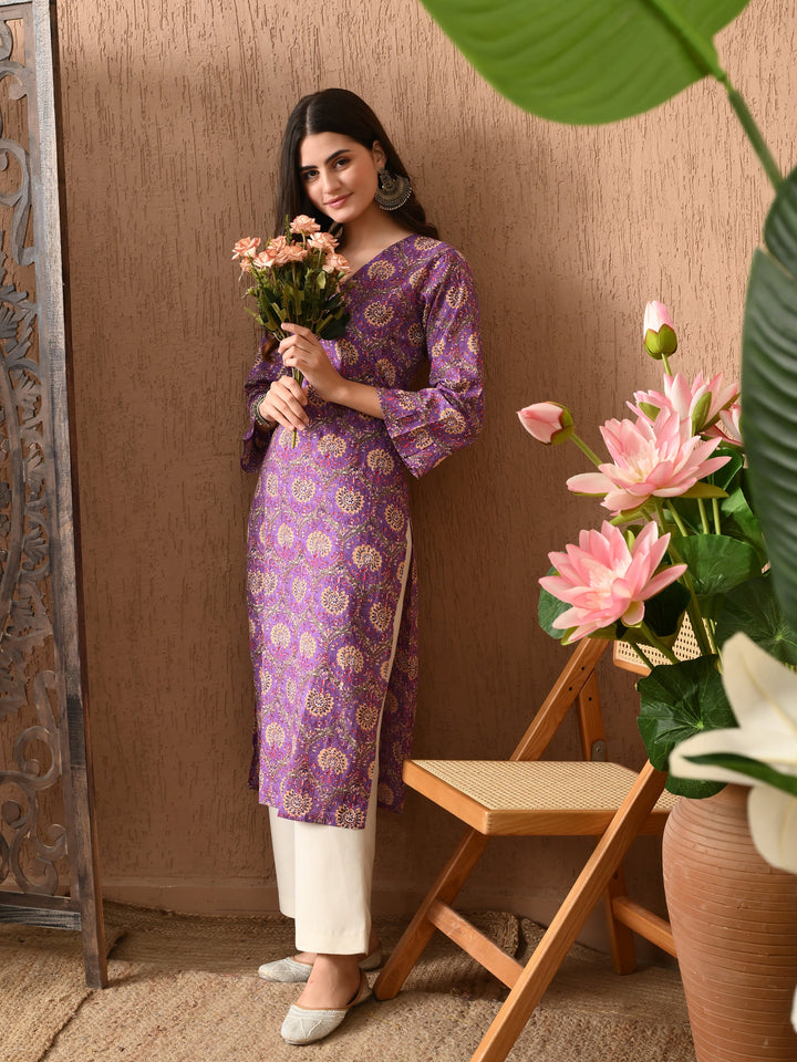 Purple Printed V-Neck Cotton Kurta