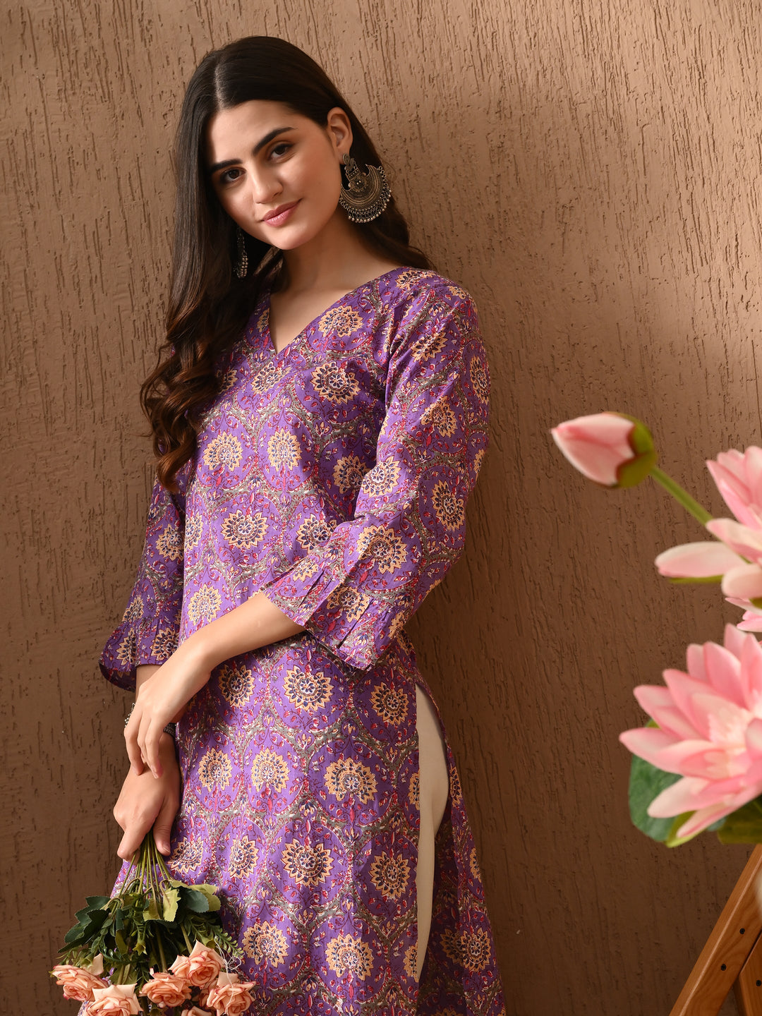 Purple Printed V-Neck Cotton Kurta