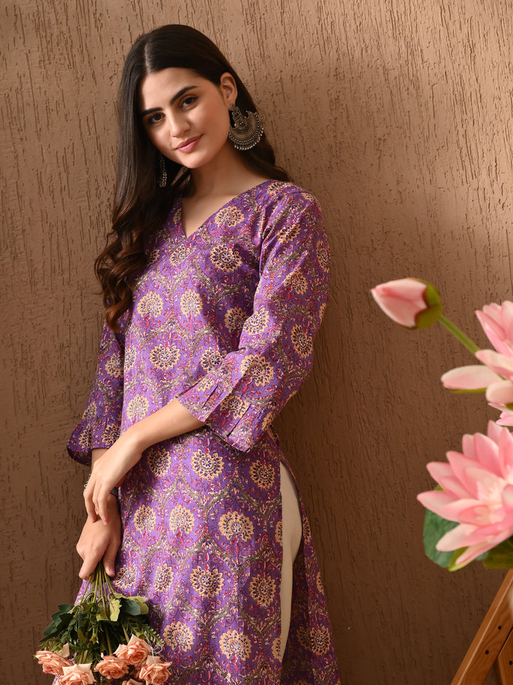 Purple Printed V-Neck Cotton Kurta
