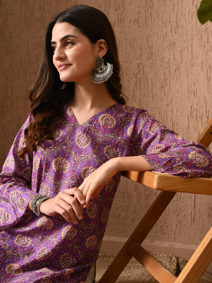 Purple Printed V-Neck Cotton Kurta