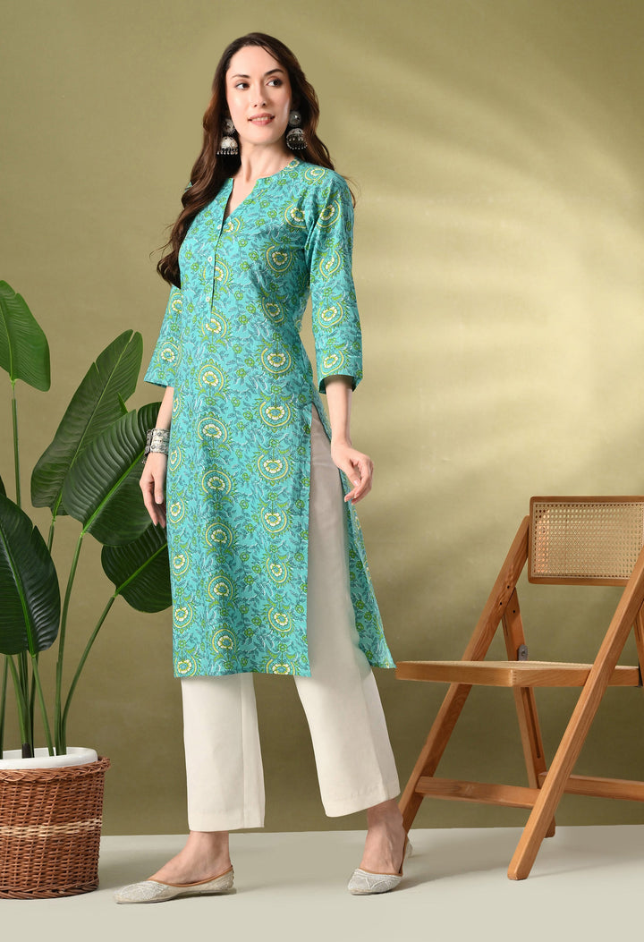 Green Prined Collared Neck Cotton kurta