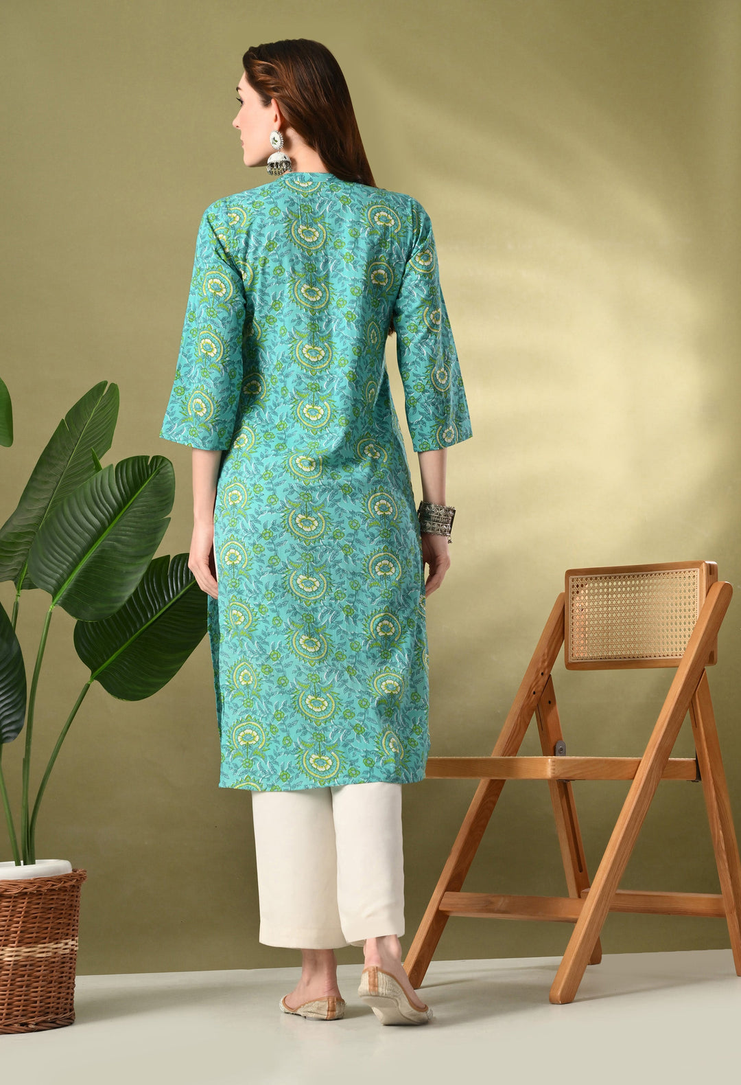 Green Prined Collared Neck Cotton kurta