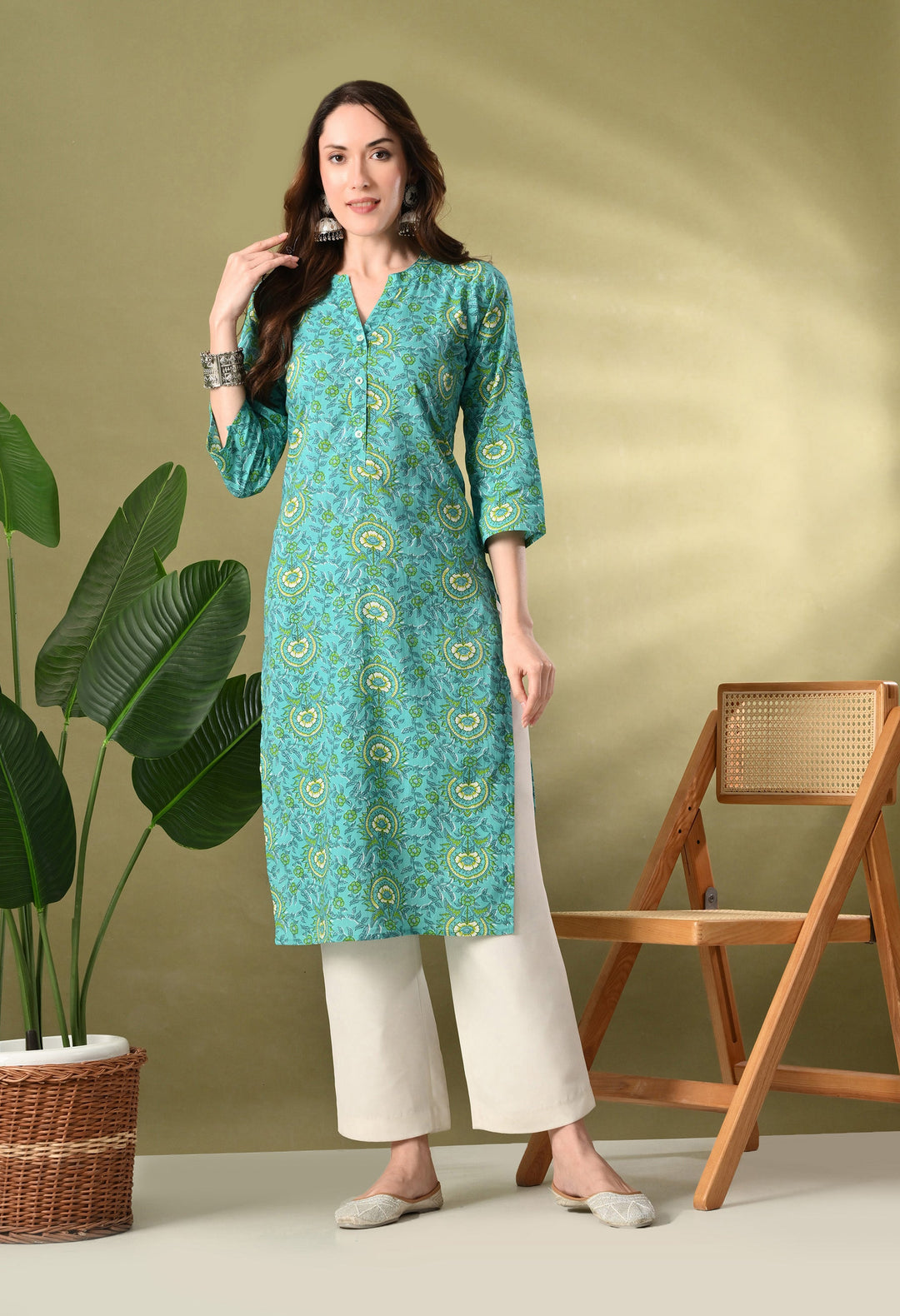 Green Prined Collared Neck Cotton kurta
