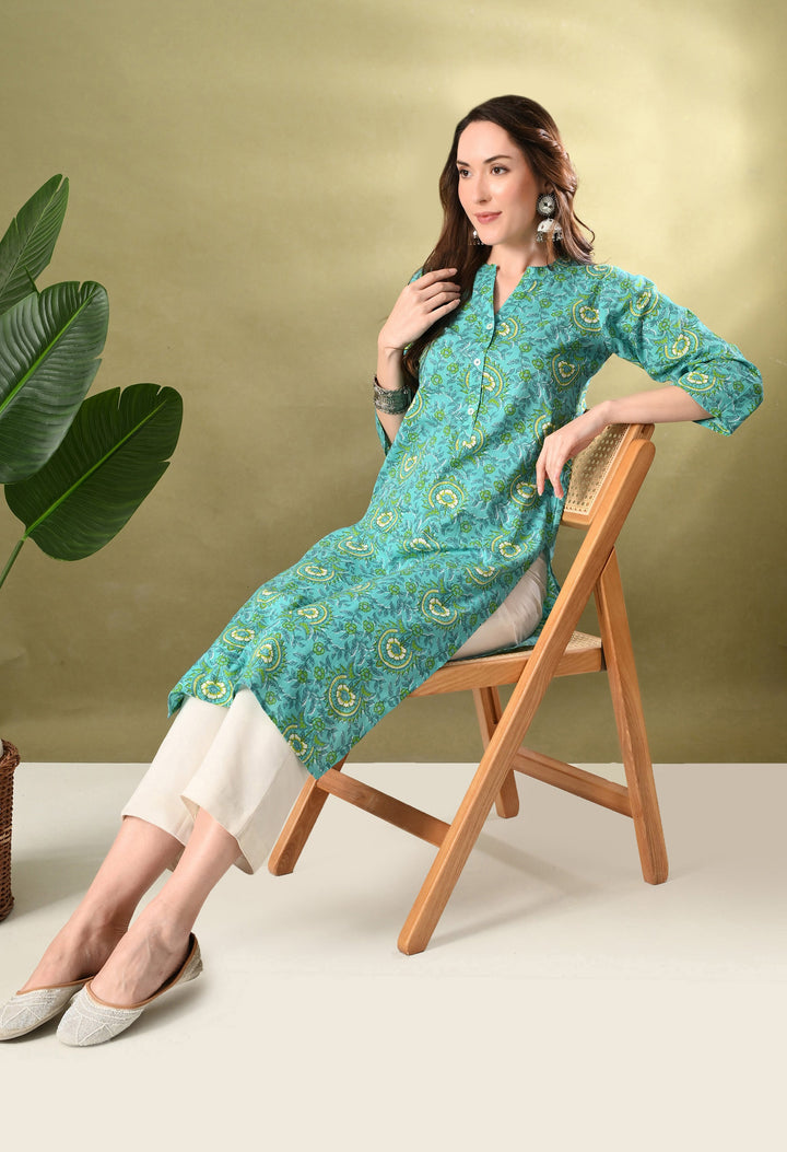 Green Prined Collared Neck Cotton kurta