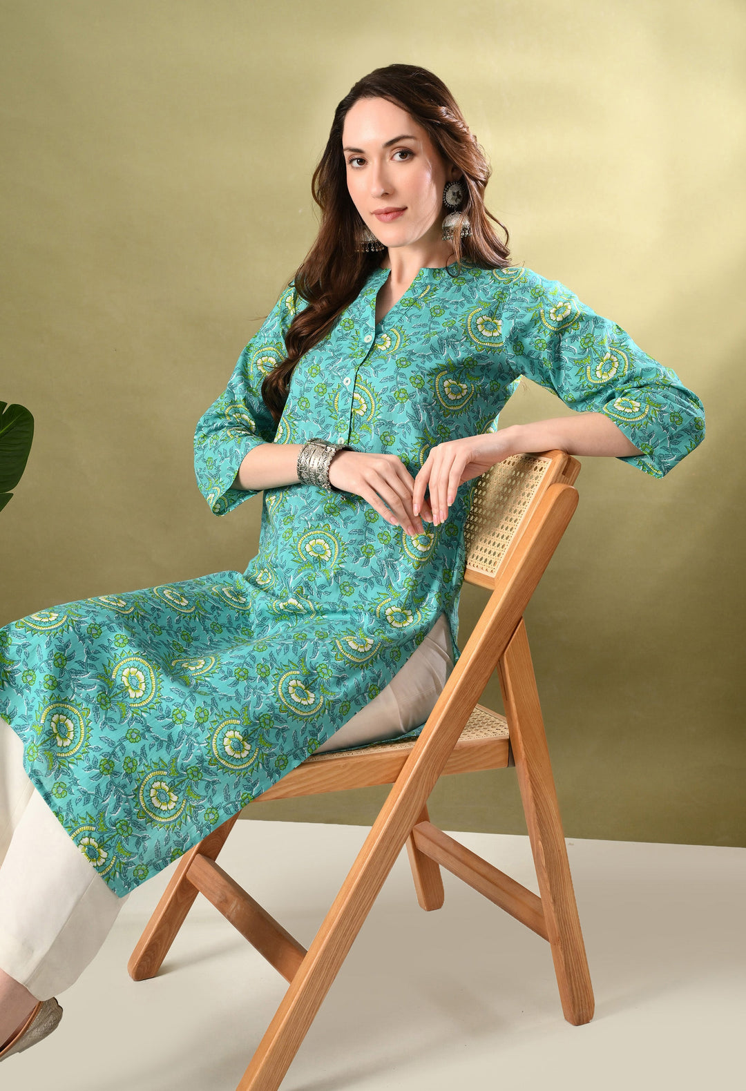 Green Prined Collared Neck Cotton kurta