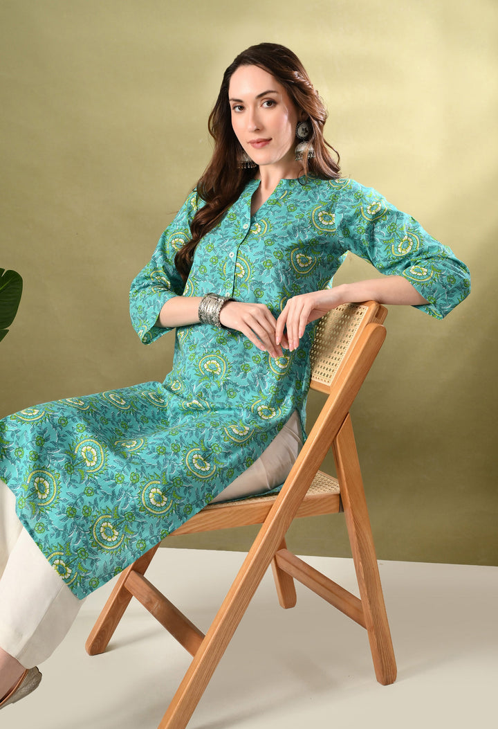 Green Prined Collared Neck Cotton kurta
