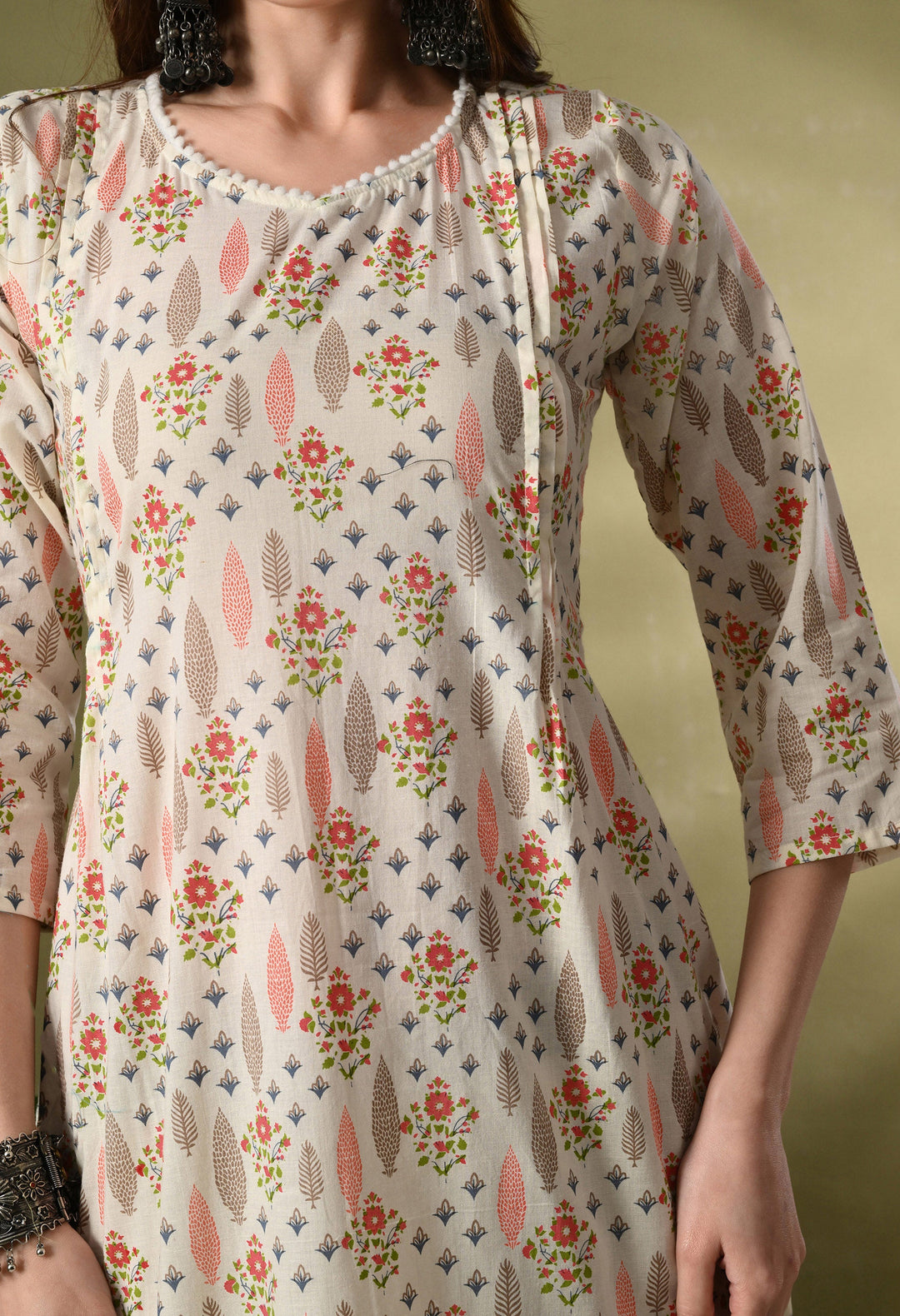 White Floral Print Flared Cotton Kurta