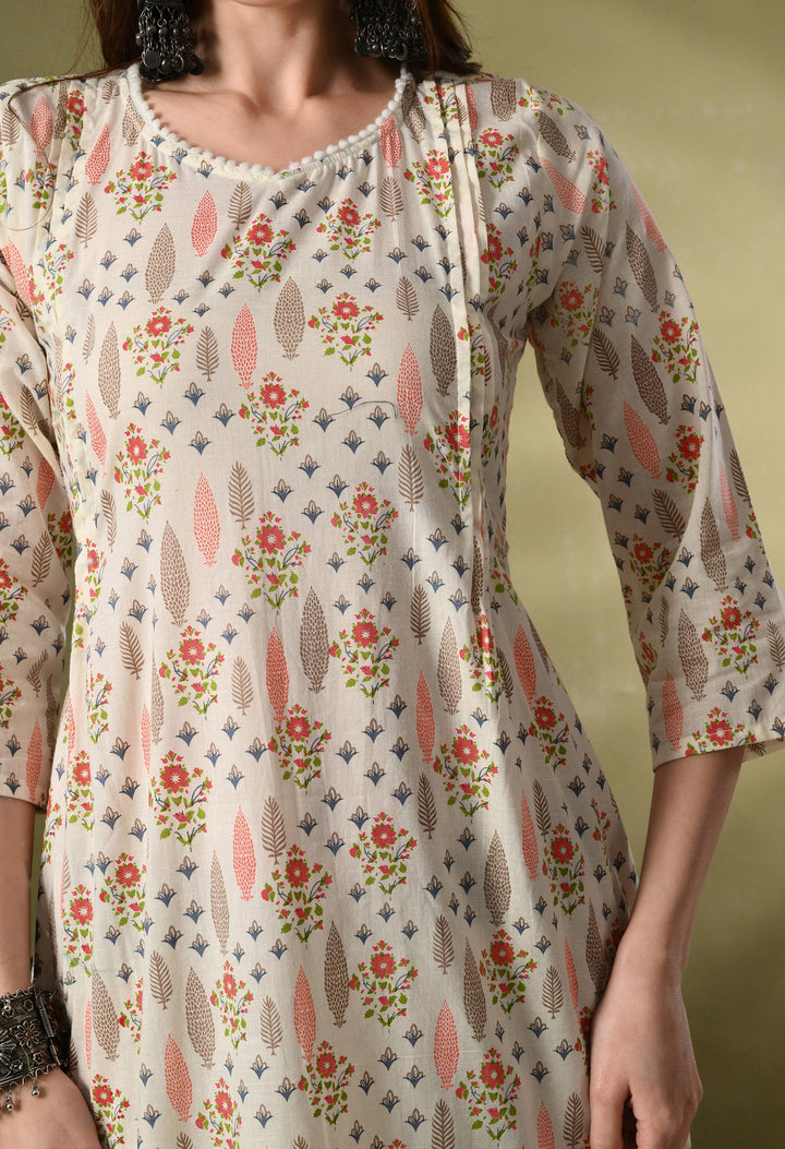 White Floral Print Flared Cotton Kurta
