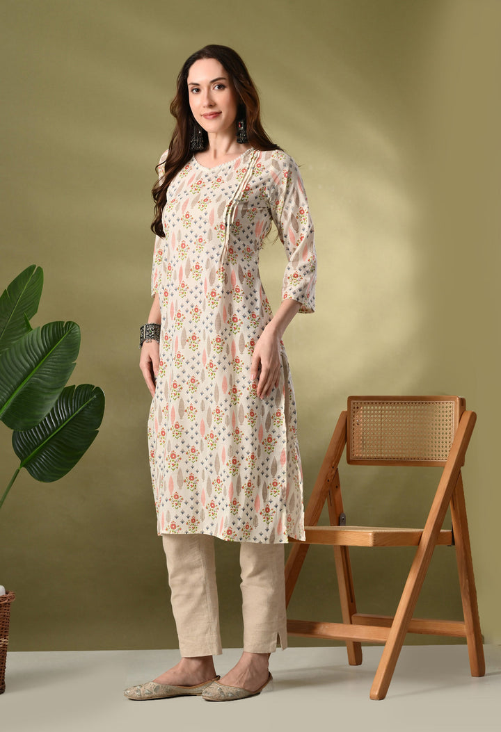 White Floral Print Flared Cotton Kurta