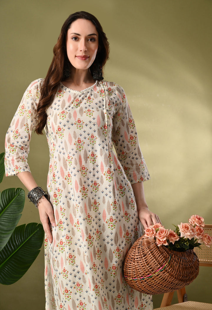White Floral Print Flared Cotton Kurta