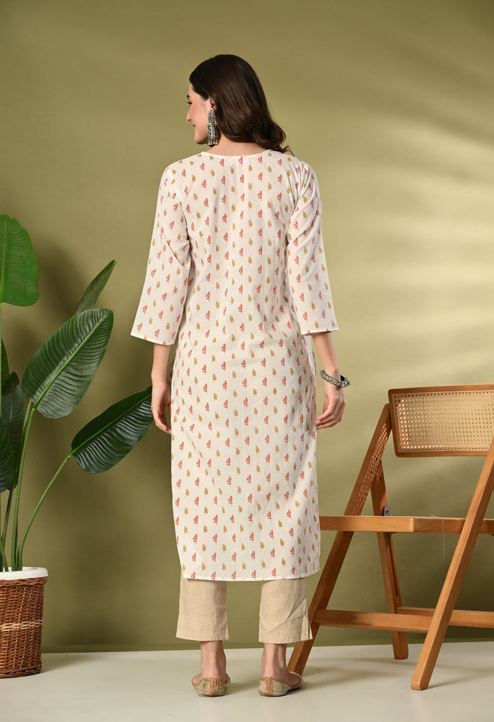 White Floral Print Sequnce Lace V-Neck Kurta