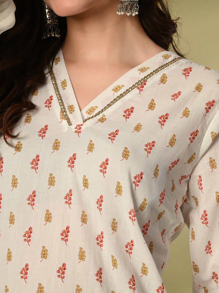 White Floral Print Sequnce Lace V-Neck Kurta