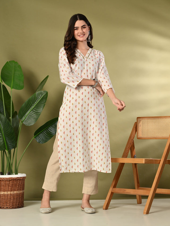 White Floral Print Sequnce Lace V-Neck Kurta