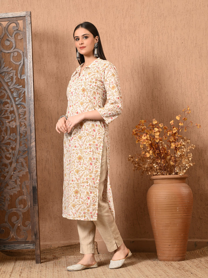 White Floral Print Flared  Kurta