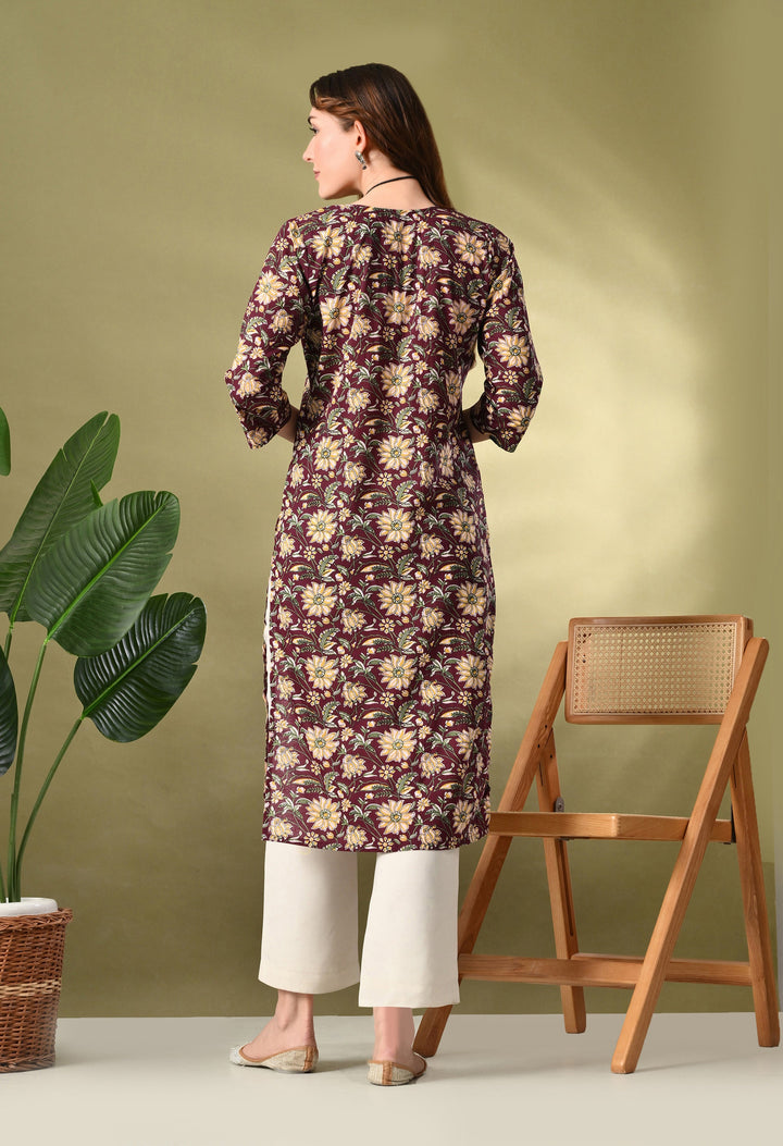 Wine Floral Print Thread Work Cotton kurta