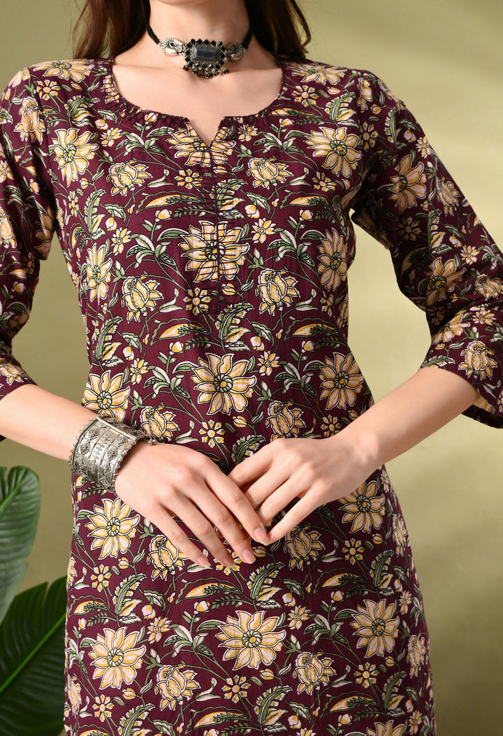 Wine Floral Print Thread Work Cotton kurta