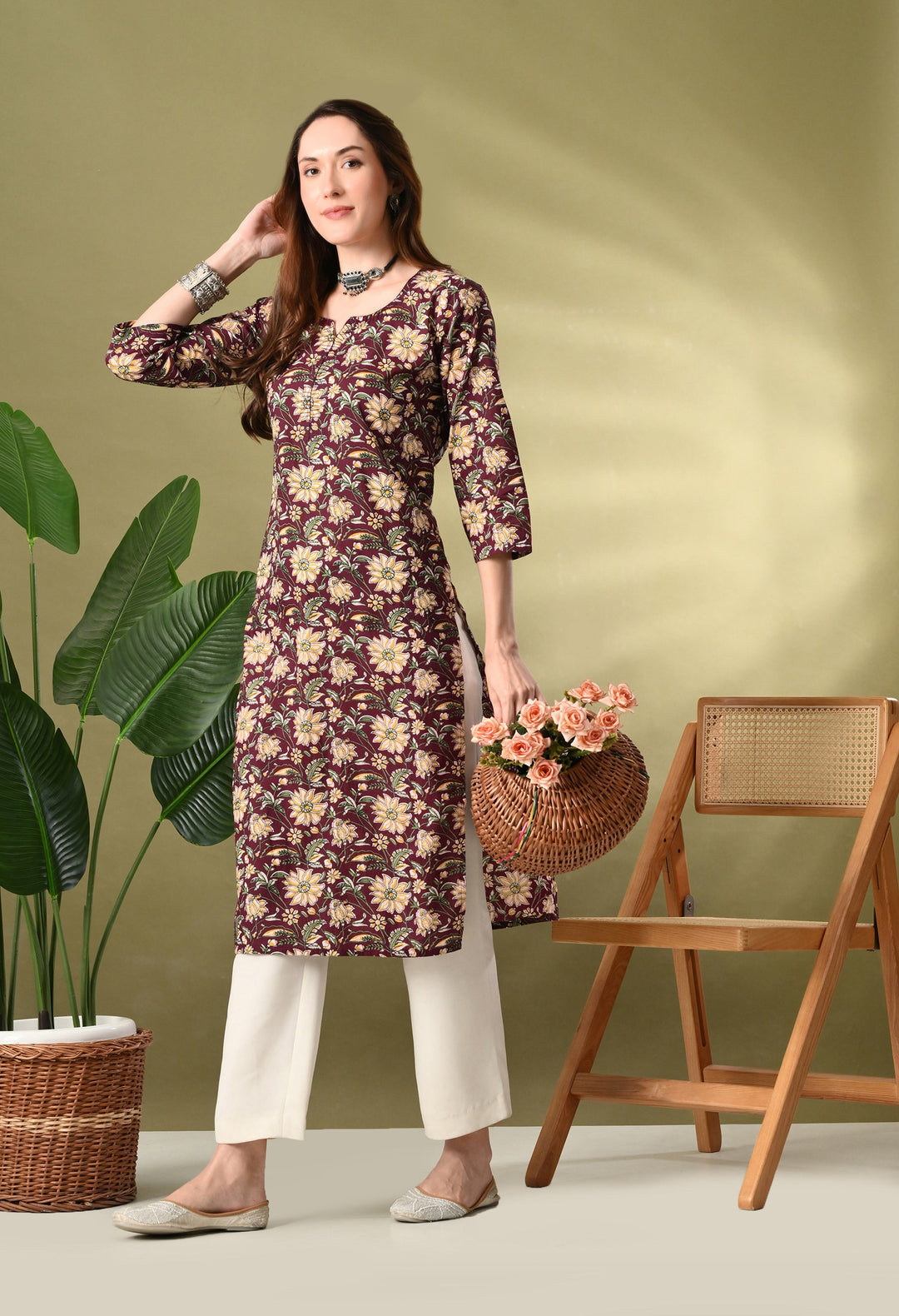 Wine Floral Print Thread Work Cotton kurta