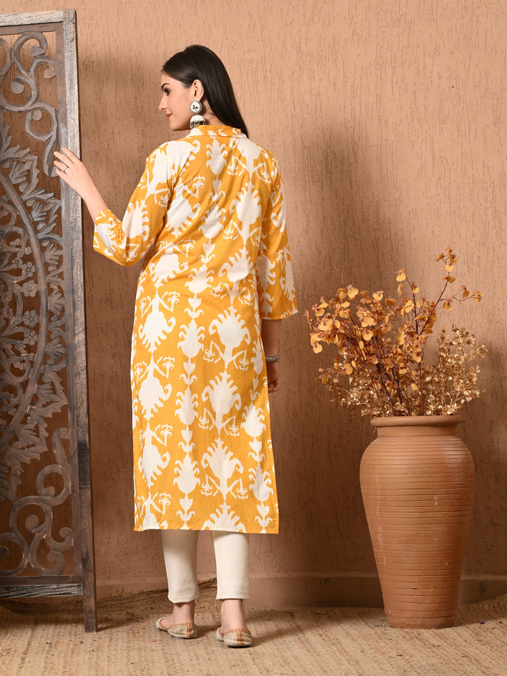 Yellow Ikkat Print cotton kurta