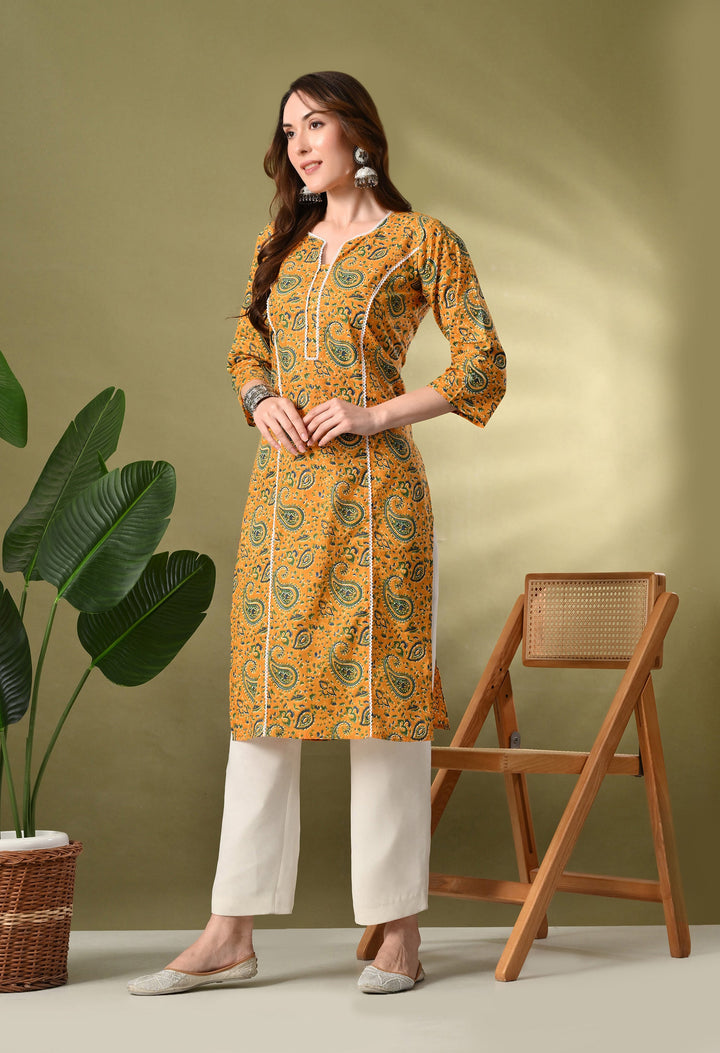Yellow Printed Lace Work Cotton Kurta