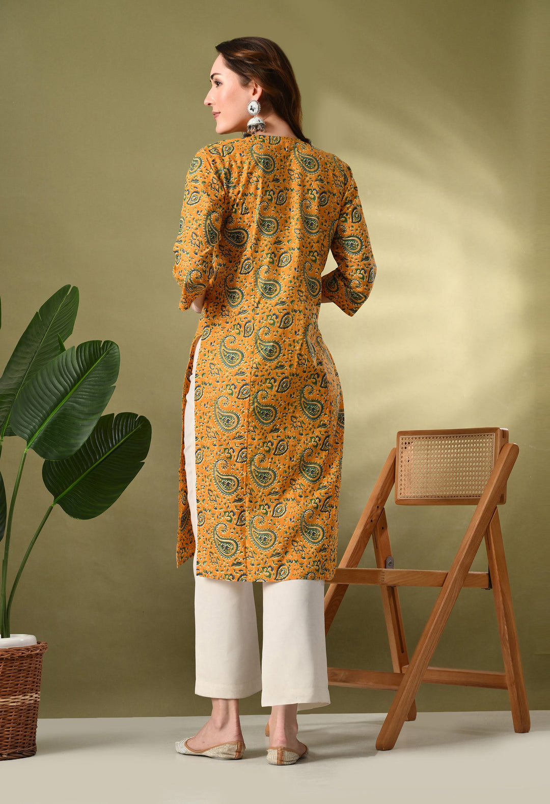 Yellow Printed Lace Work Cotton Kurta