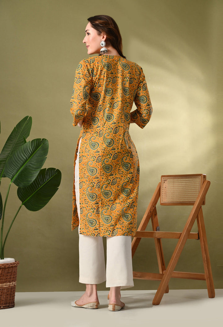 Yellow Printed Lace Work Cotton Kurta
