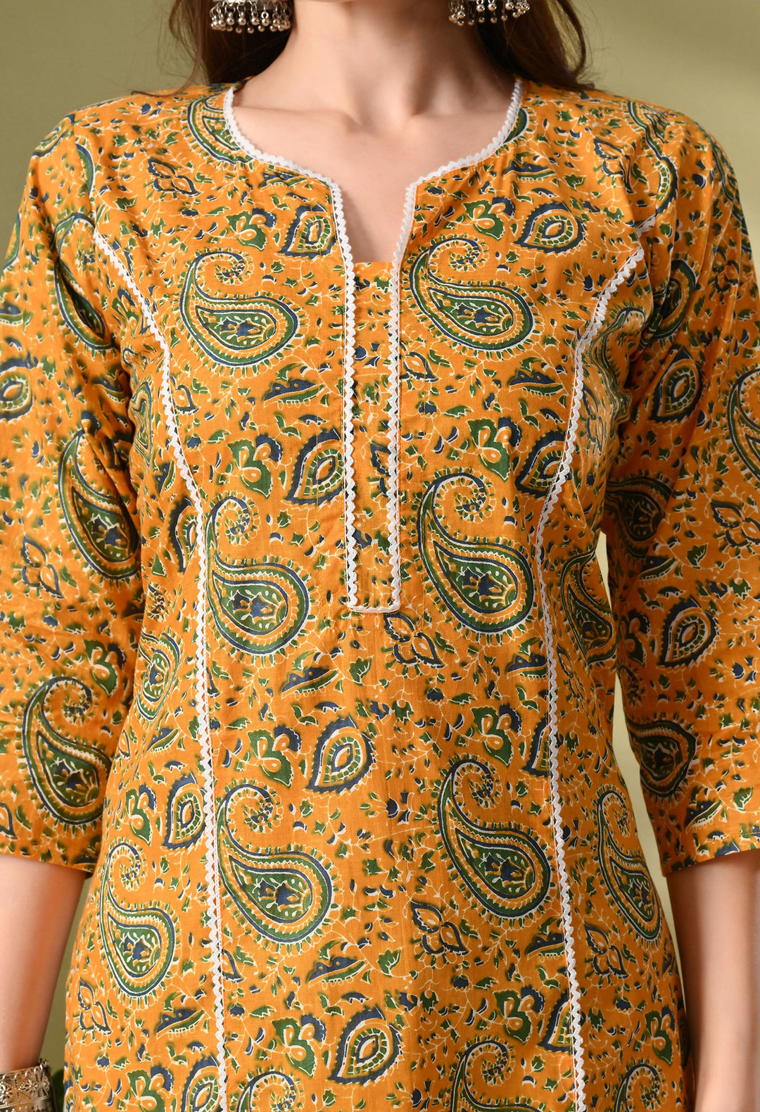 Yellow Printed Lace Work Cotton Kurta